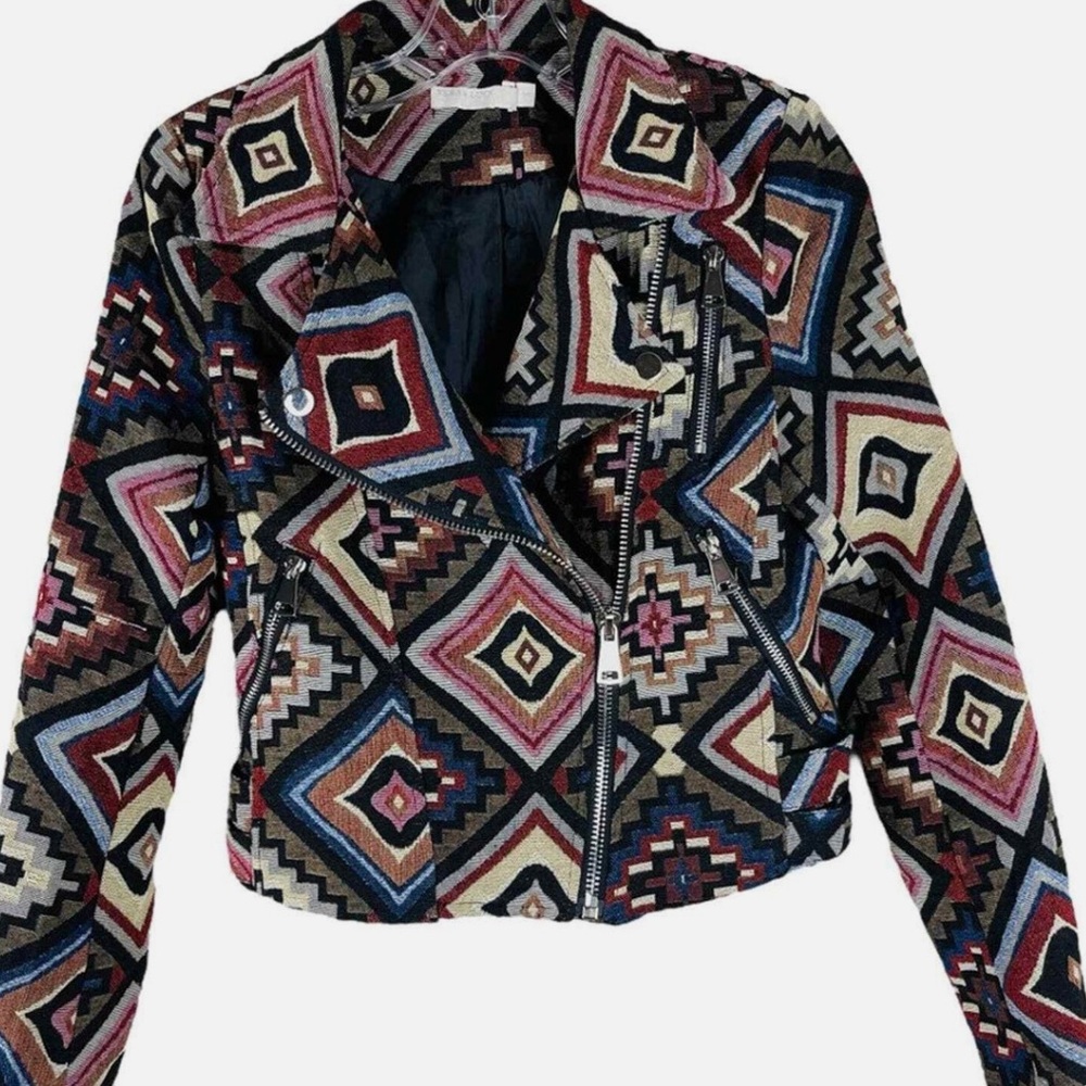 NEW Nasty Gal Vera & Lucy Aztec Southwest Tapestry Cropped Moto Jacket